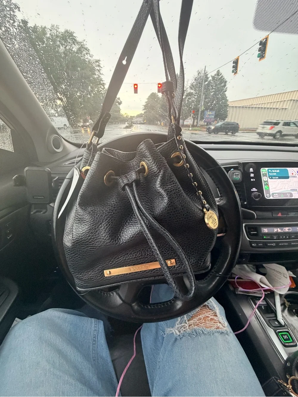 Brahmin Black Pebbled Leather Drawstring Hobo with Gold Hardware